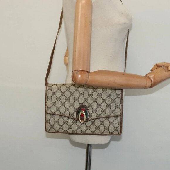 GUCCI GG Supreme Web Sherry Line Shoulder Bag PVC Beige Gold Auth - Picture 1 of 16
